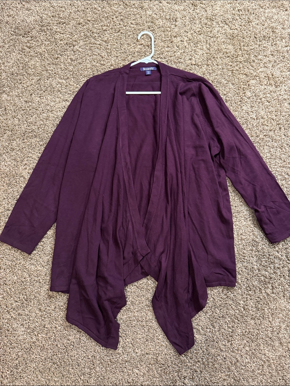 Roaman's Deep Plum Open-Front Drape Cardigan